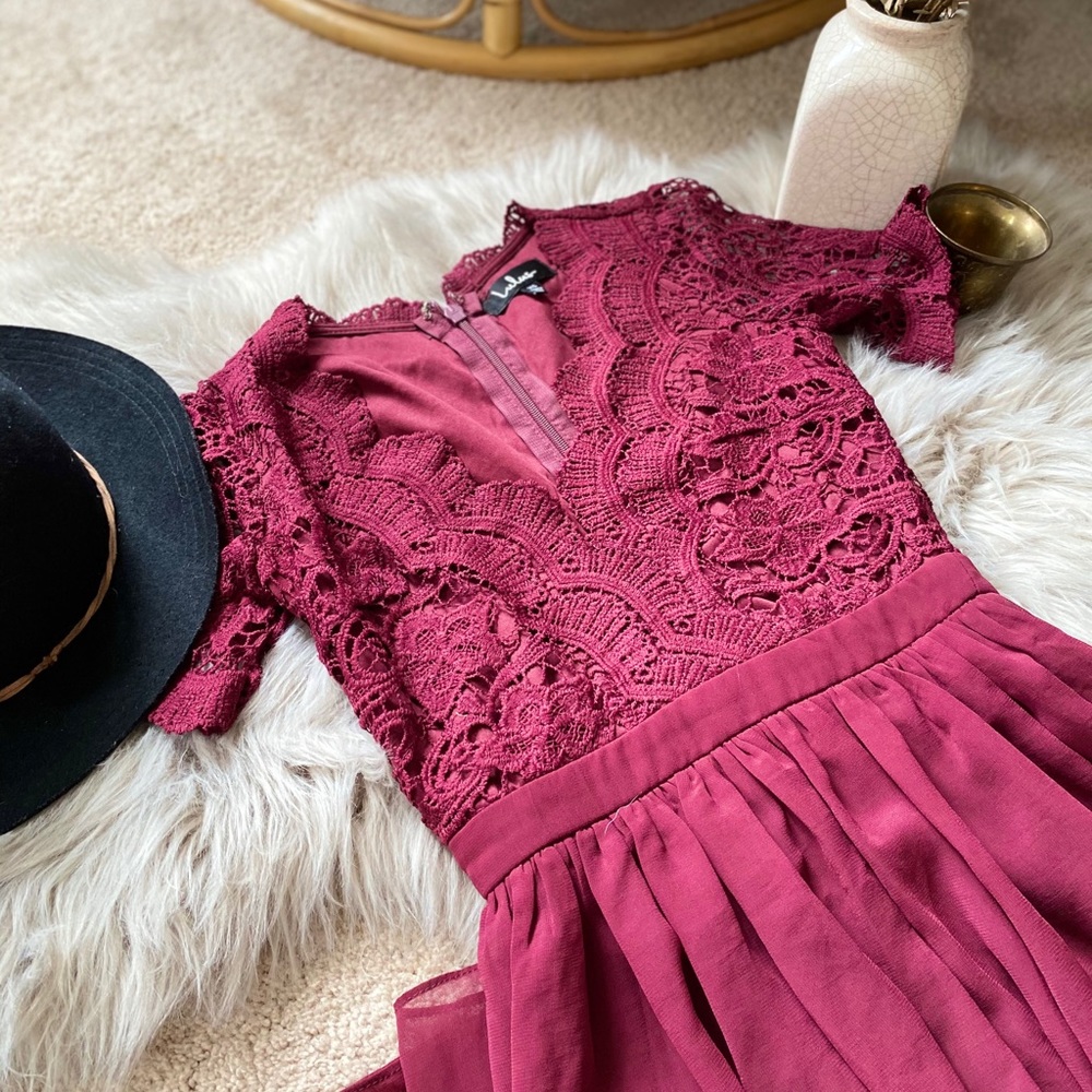 Wine colored macrame lace a line cocktail dress